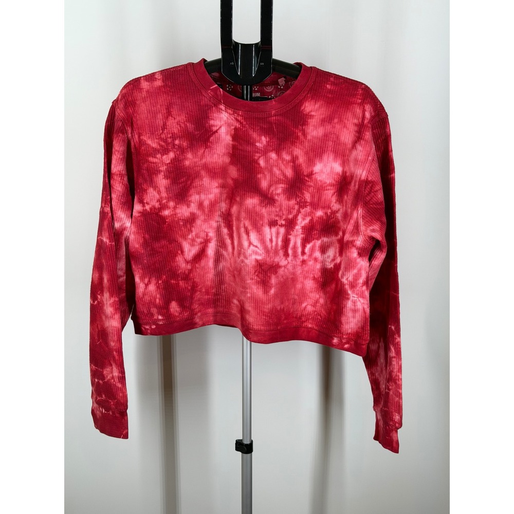 Red Tie Dye Ribbed Cropped Sweatshirt Long Sleeve Crew Neck Cotton Top Medium